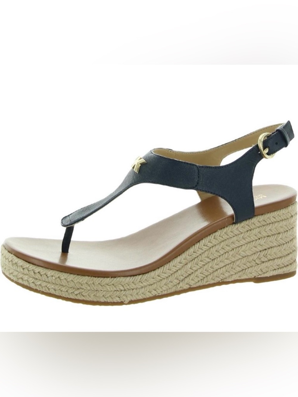 MICHAEL Michael Kors Womens Laney Navy Leather Logo Wedge Sandals Shoes